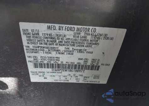 2011 Ford Taurus Sel из США, поврежденный, VIN 1FAHP2EW1BG188972